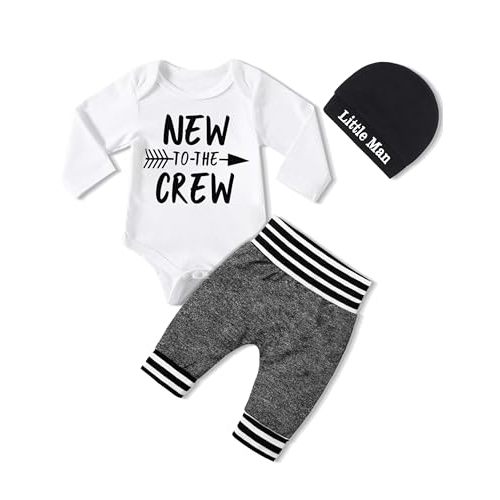 CRISONE Newborn Baby Boy Clothes New To The Crew Letter Print Romper+Pants+Striped Hat 3pcs Infant Outfits Set