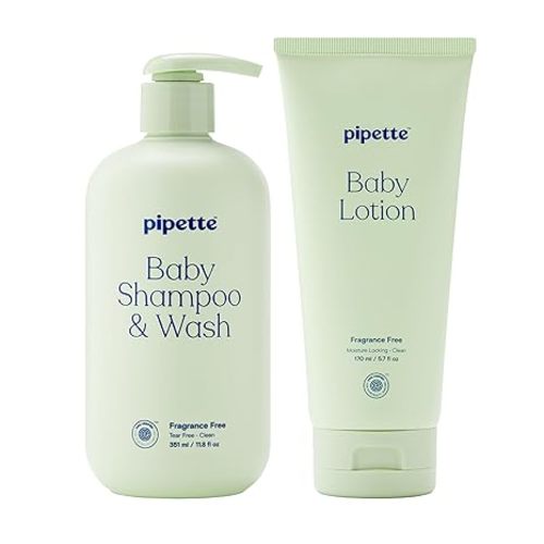 Pipette Fragrance Free Wash and Lotion Duo, Pack of 2, Fragrance Free Baby Shampoo and Body Wash, Unscented Lotion for Newborns, Sensitive Skin, and Kids, Tear-Free Bath Time, Hypoallergenic