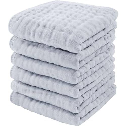 Baby Washcloths Set, Muslin Cotton Baby Towels, Large 10”x10” Wash Cloths Soft on Sensitive Skin, Absorbent for Boys & Girls, Newborn Baby & Toddlers Essentials Shower Registry Gift (Slate, Pack of 6)