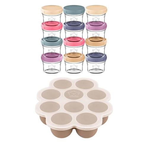 KeaBabies 12-Pack Baby Food Containers and Silicone Food Freezer Tray with Clip-on Lid - 4 oz Leak-Proof, Microwavable, Baby Food Storage Container - Silicone Freezer Mold