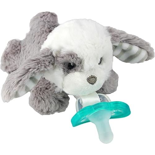 RaZbaby JollyPop Pacifier, Holder w/Detachable Baby Pacifier, Stuffed Animal RaZbuddy, All Ages 0M+, 100% Medical Grade USA Made Silicone, Machine Washable, Textured & Easy to Hold – Puppy