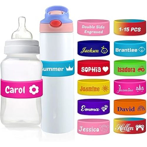 Personalized Bottle Labels Custom Water Bottle Name Bands with Logo Customized Engraved Reusable Silicone Sippy Cup Labels for Daycare School 1-15 PCS