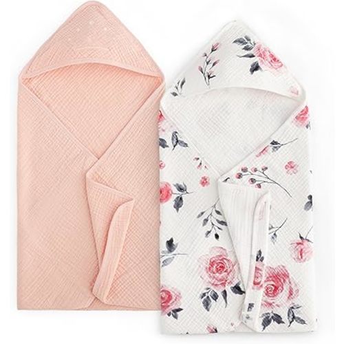 david's kids 2 Pack Hooded Baby Towels, Large 32"x32", 6 Layer 100% Muslin Cotton Highly Absorbent Girl Bath Towel for Newborn, Infant and Toddler. Ultra Soft and Breathable Baby Essentials, Rose