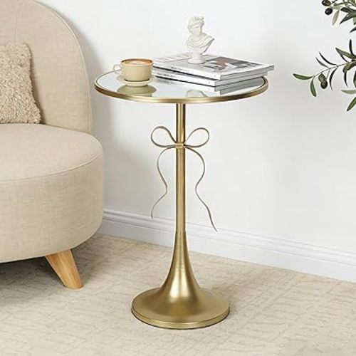 Gold Metal Side Table, Retro Bow Pedestal End Table with Mirror Tabletop, Decorative Martini Drink Table for Small Space, Living Room, Couch, Patio