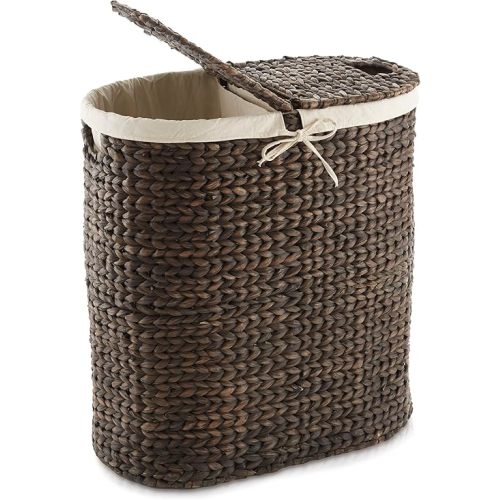 Casafield Oval Laundry Hamper with Lids and Removable Liner Bags - Espresso, Woven Water Hyacinth 2-Section Laundry Basket Sorter for Clothes and Towels