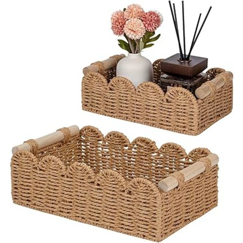 CubesLand Paper Rope Scalloped Edge Decor Baskets for Home, Living Room, Bedroom, Toilet Basket for Over Toilet Storage Shelf, End Table, Shelves and More, Both Storage&Decor, Set 2 Neutral