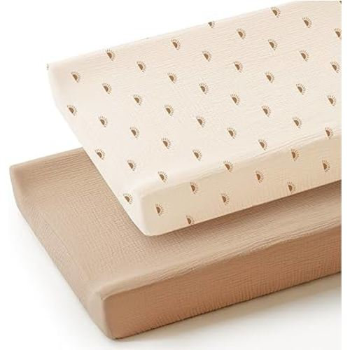 Konssy 2 Pack Muslin Changing Pad Cover for Baby Girls Boys 100% Cotton Fitted Diaper Changing Table Cover Set, Soft Changing Pad Sheets (Camel, Sun)