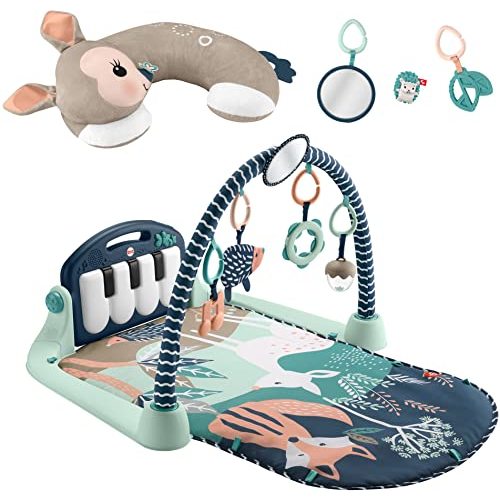 Fisher-Price Tummy Time Fawn Wedge + Baby Gym Newborn Playmat with Kick & Play Piano Musical Toy and Tummy-Time Toys, Navy Fawn [Amazon Exclusive]