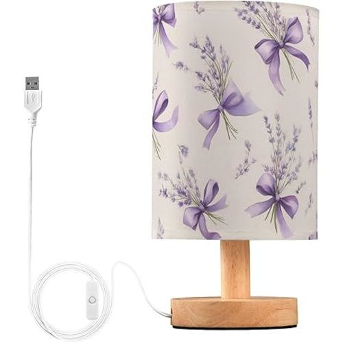 Small Table Lamp Lavender Purple Bow Girls Boys Bedroom Bedside Lamp LED with Fabric Lampshade USB Ports Wood Base for Living Room, Desk, Dorm, Home Office