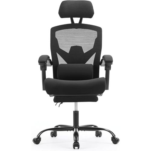 Sweetcrispy Office Computer Desk Chair, Ergonomic High-Back Mesh Rolling Work Swivel Chairs with Wheels, Comfortable Lumbar Support, Comfy Arms for Home, Bedroom, Study, Student, Black