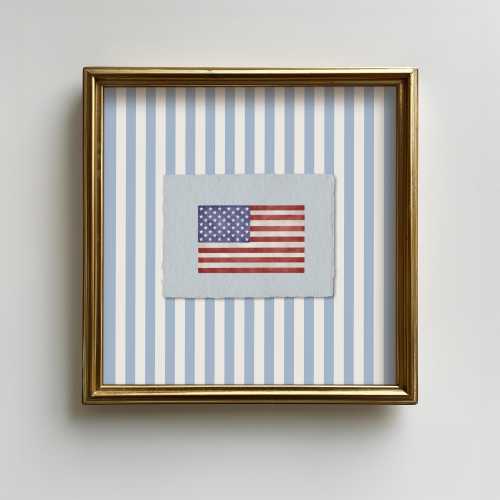 Vintage American Flag Watercolor Square print, Blue Stripes Americana Fourth of July Wall Decor, USA 4th of July wall art, instant download