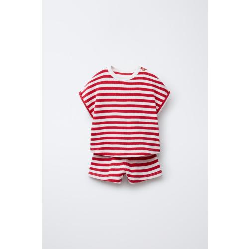STRIPED WAFFLE T-SHIRT AND BERMUDA SET - Red | ZARA United States