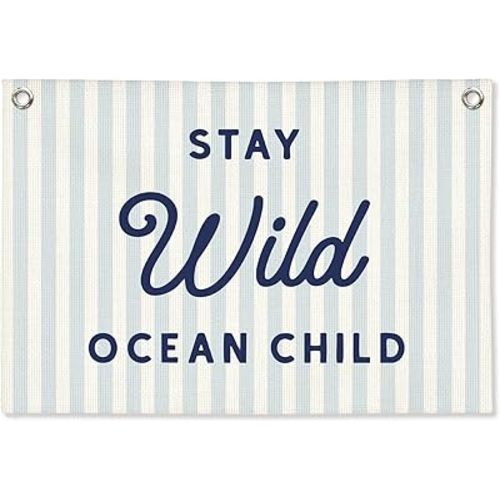 Nursery Wall Decor,Stay Wild Ocean Child Coastal Linen Canvas Banner, Blue Nursery Decor Hanging Flag Kids Room Playroom Nursery Wall Art, Retro Classroom Coastal Room Decor, 30x20 Inch