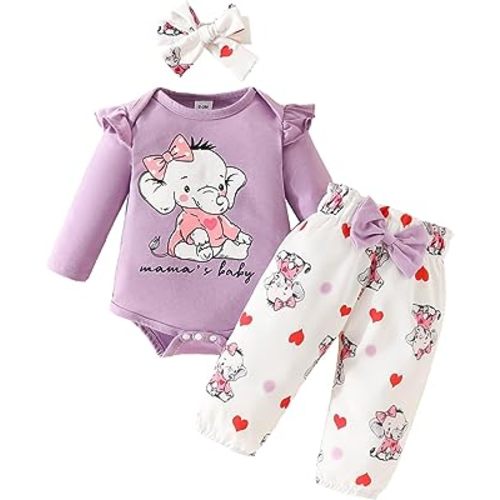 Newborn Baby Girl Clothes Elephant Outfit Ruffle Long Sleeve Ribbed Romper Top Cute Bow Pants Set with Headband