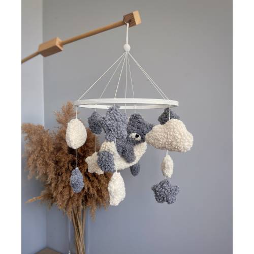 Personalized boucle clouds and moon baby nursery mobile, Neutral baby mobile, Neutral nursery mobile, Clouds mobile, Felted stars mobile