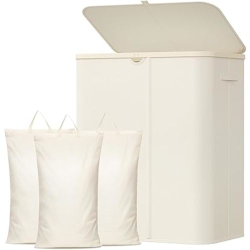 Lifewit 185L Large 3 Section Laundry Hamper with Lid, Plastic Laundry Basket with Bamboo Handles and Removable Bags, Tall Foldable Clothes Hamper for Bathroom Bedroom, White
