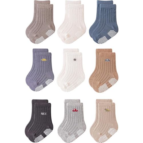 VWU Baby Toddler Socks with Grips Kids Girl Boy Crew Ankle Socks Cotton Anti Slip 0-6T 6/9 Pack