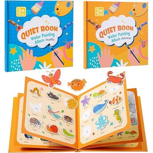 2-Pack 2-in-1 Sticker Play & Paint with Water Books, Mess-Free Animal & Traffic Themes, Perfect for On-the-Go Fun, Screen-Free Creativity, Travel-Friendly Arts & Crafts, Early Learning Gifts for Kids