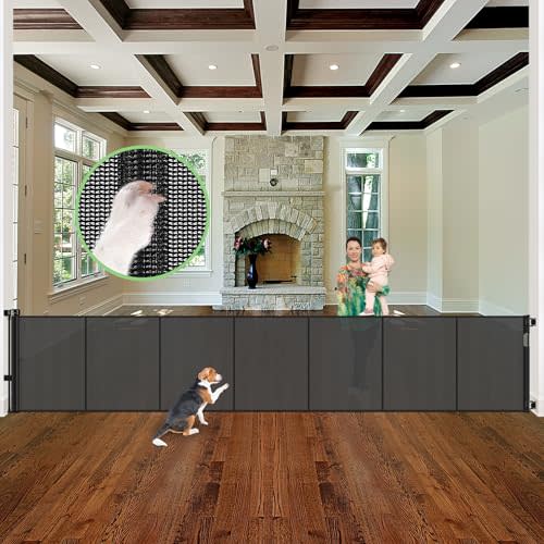 Reinforced 155" Extra Wide Baby Gate Retractable Dog Gate with Support Rods – Prevent Crawling Under, 13ft Retractable Baby Gates Long Gates for Kids or Pets Retractable Gate, Black