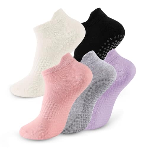 5 Pairs Pilates Socks with Grips for Women Non Slip Grip Yoga Crew Socks for Barre Hospital Barefoot Workout