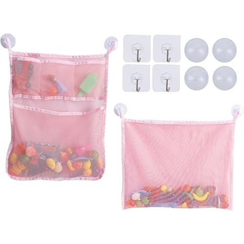 2Pcs Mesh Bath Toy Organizer Bags with Suckers & Hooks, Bathtub Toy Holder, Bath Toy Storage Net Bags for Toddlers & Kids Bathroom Storage