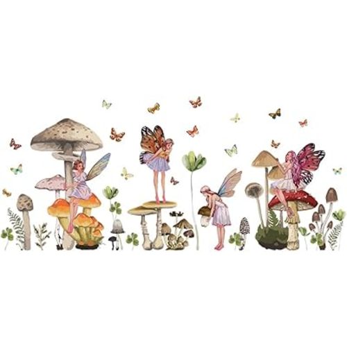SUPERDANT Mushroom Fairy Wall Stickers Colorful Forest Wall Decor for Girls Bedroom Cute Fairy Princess with Butterfly Wings Decal for Babies Girls Room Playroom Nursery Decoration