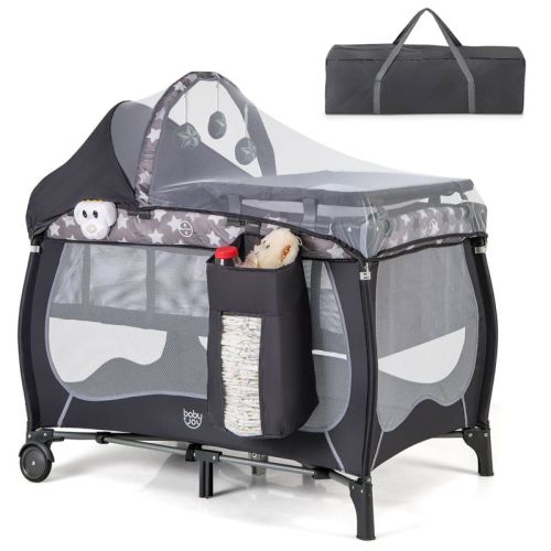 Infans 5-in-1 Portable Baby Playard with Bassinet, Adjustable Canopy, Changing Table, Lockable Wheels, Music Box, Travel Baby Crib Bassinet, Gray