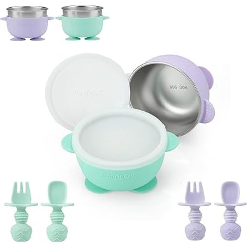 PandaEar 6-Piece Baby Feeding Set - 2 Stainless Steel Suction Bowls with Airtight Lids & 2 Pairs Self-Feeding Spoons and Forks, Odor-Free Training Set for Toddlers & Infants(Teal/Light purple)