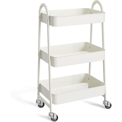 OLIXIS 3 Tier Utility Rolling Cart, Metal Mobile Storage Shelf with Lockable Caster Wheels, Organization for Livingroom, Bathroom, Kitchen, & Narrow Places, Ivory