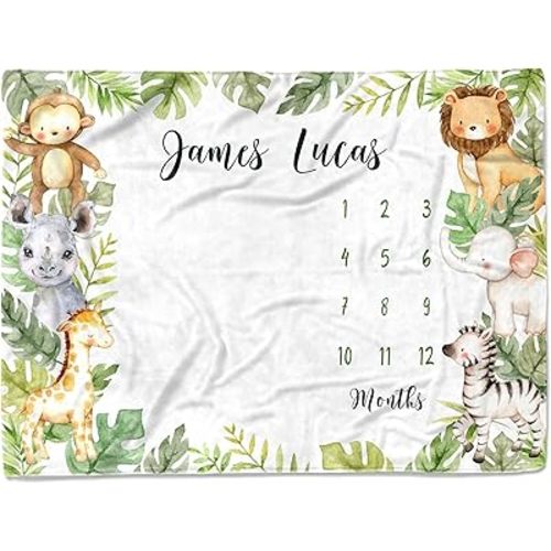Personalized Safari Baby Milestone Blanket Boys - Custom Sport Monthly Blankets with Name for Boy and Girl - Customized Shower Gifts - Soft Plush Fleece