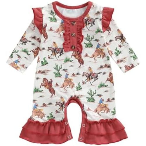 Newborn Baby Girls Long Sleeve Romper Western Cowboy Print Flared Jumpsuit Infant Baby One Piece Clothes