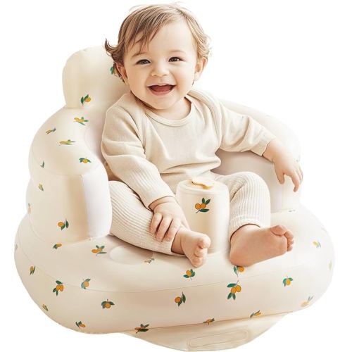 Inflatable Baby Seat for Learning to Sit & Feeding (3-36 Months) with Built-in Air Pump - Anti-Tip, Ergonomic & Portable Floor Seat (L Olive Leaf)