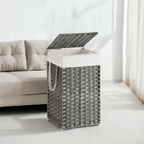 Laundry Hamper with Lid 17.2 Gallon Rattan Clothes Laundry Basket with Lid and Handles Foldable Removable Liner for Laundry Room Gray