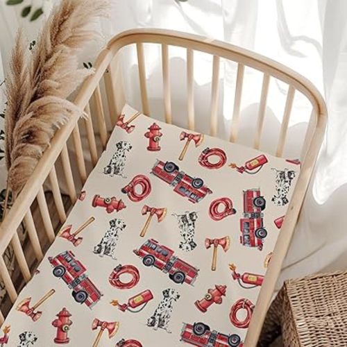 Cute Firetrucks Dogs Fitted Baby Crib Sheet for Boys Girls 52x28Inch Red Truck Dog Fitted Crib Mattress Cover for Standard Crib and Toddler Mattress Rescue Vehicles Bed Sheet Dog