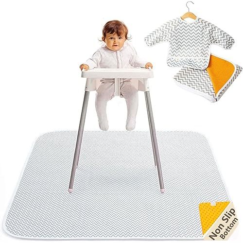 2-in-1 Waterproof Baby Splat Mat for Under High Chair (51” x 51”) with Toddler Smock and Weaning Ebook - Large Non-Slip Infant High Chair Mat Food Catcher Protects Floor from Mealtime Messes