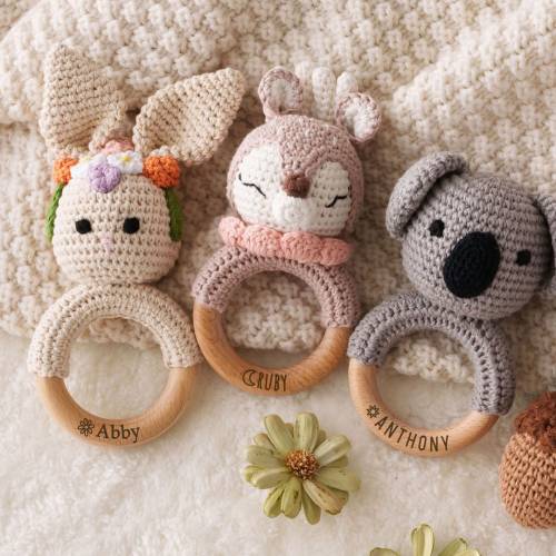 Personalized baby rattle, Baby Grasping Toy, Crochet Toy Rattle for Babies, Custom Wooden Baby Rattle, Newborn Gifts, Gift for Nephew Niece