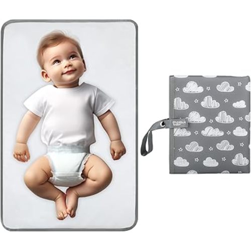 Portable Diaper Changing Pad for Baby - Waterproof Compact Changing Mat with Wrist Strap - Wipeable Travel Changing Pad for Diaper Bag(Doodle Clouds)