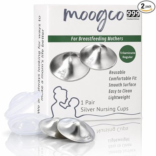 MOOGCO Silver Nursing Cups - 999k Silver Nipple Shields for Breastfeeding - Most Durable, Chemical-Free Nipple Protection (Regular, Set of 2)