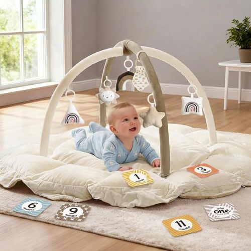 Mallify 5-in-1 Thick & Plush Baby Play Gym, Baby Play Mats for Floor, Tummy Time Mat with 6 Toys, Convertible Stage-Based Developmental from Babies to Toddlers, Ball Pit, Brown