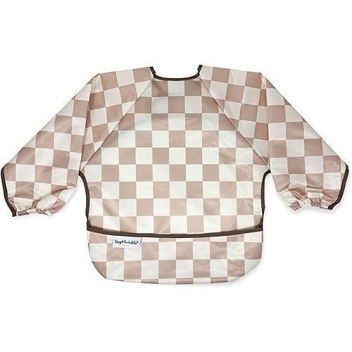 Tiny Twinkle Mess Proof Baby Bib|Waterproof Smock Bib for Eating,Machine Washable Full Sleeve with Pocket(Checkers Brown,Large 2-4 Years)