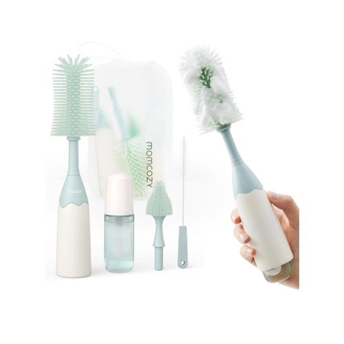 Momcozy Bottle Brush Kit, Innovative Push-Press Design for Better Cleaning - Baby Bottle Cleaner Brush for Baby Bottle, Breast Pumps, Nipples, and More - Can Generate Foam for Better Cleaning, Green