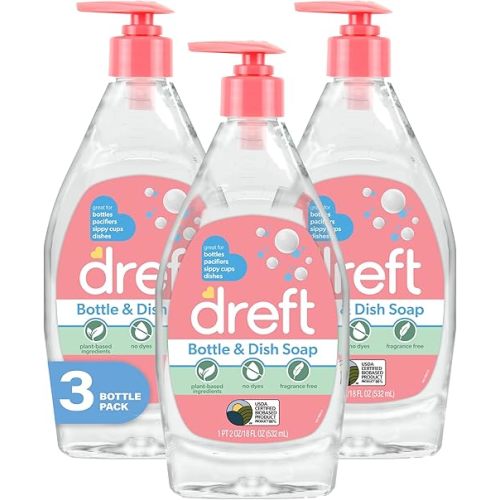 DREFT Bottle and Dish Soap | Made to Clean Baby Bottles, Sippy Cups, Pacifiers, Breast Pumps, & More | Gently Removes Milk Film & Odors | Plant Based, Fragrance Free Dish Soap | 18 Fl Oz (Pack of 3)