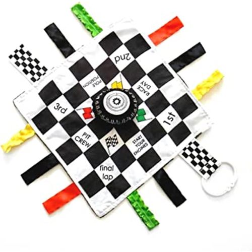 Baby Jack & Co 10x10” Racing Sports Lovey Sensory Plush Blanket - Tag Toy for Babies - Baby Stroller Toys - Learn Shapes, Letters & Colors - MVP Baby Tire Toy & Baby Sports Gift w/Stroller Clip