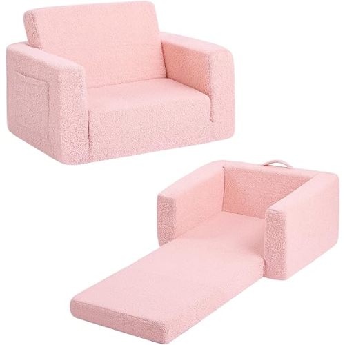 Tiita Kids Chair Couch, Folding Toddler Comfy Sofa Chairs, 2-in-1 Kids Plush Sofas Fold Out, Baby Armrest Chair Sofa to Lounger, Convertible Play Sofas to Bed for Girl or Boy, Pink