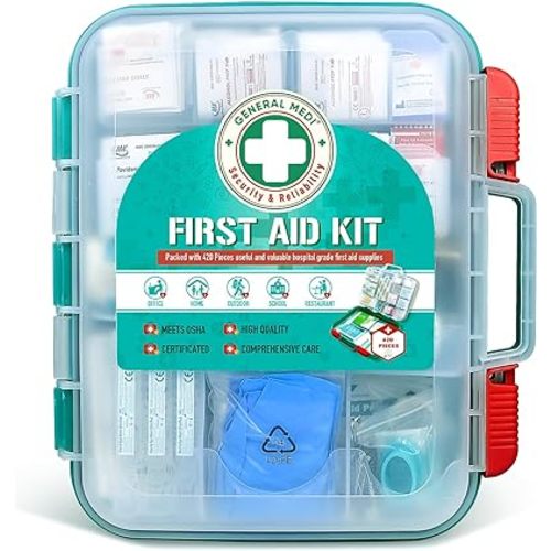 General Medi 420 Pieces Professional First Aid Kit - HardCase First Aid Box - Contains Premium Medical Supplies for Travel, Home, Office, Vehicle, Camping, Workplace & Outdoor