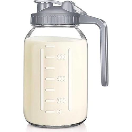Wide Mouth Mason Jars 32 oz with Pour Spout Lids, SNGKMSYG 1 Quart Glass Pitcher with Lid, Double Leak Proof Breast Milk Pitcher for Fridge, Coffee, Water, Iced Tea (Gray, 32oz, 1 Pack)