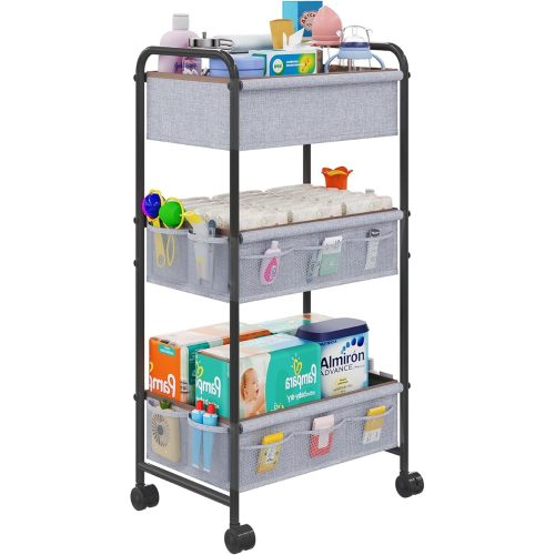 3-Tier Baby Diaper Caddy Cart Organizer with 2 Dividers & 14 Mesh Pockets - Black Mobile Nursery Storage Cart with Wheels, Durable Metal Utility Cart for Nursery, Bedroom, Baby Essentials Organization