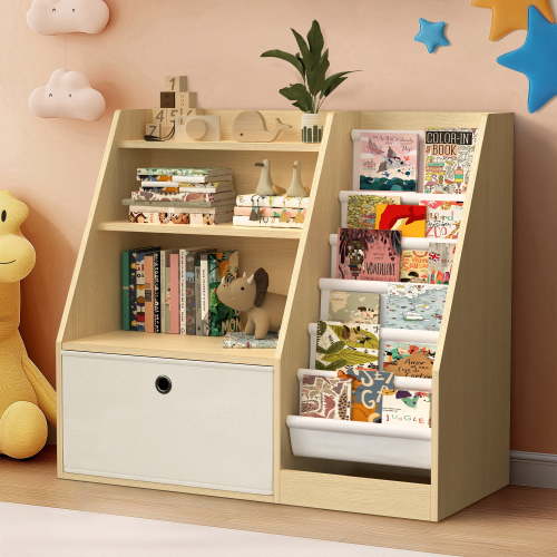 Masiis 4 Tier Kids Bookshelf, Kids Bookcase Children Bookshelves Natural Toy Storage Organizer with 6 Layer Sling Bookcase for Playroom Kids Room Nursery, Pull-Out Drawers