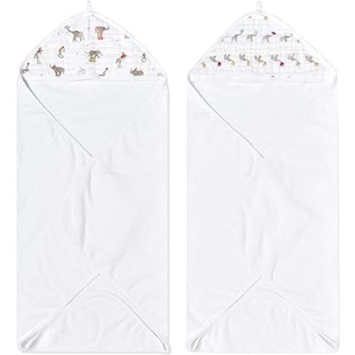 aden + anais Essentials Hooded Baby Bath Towel, Super Soft 100% Cotton, 2 Pack, Elephant Circus