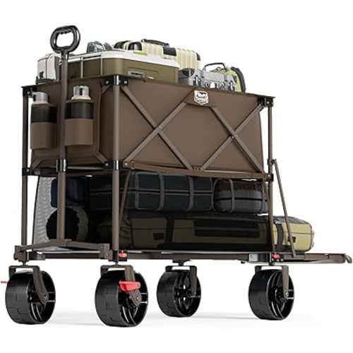 TIMBER RIDGE 400L Large Capacity Folding Double Decker Wagon with Brakes, 54" Extra Long Extender Wagon Cart, 450lbs Heavy Duty Collapsible Cart, All-Terrain Big Wheels for Camping, Sports, Shopping